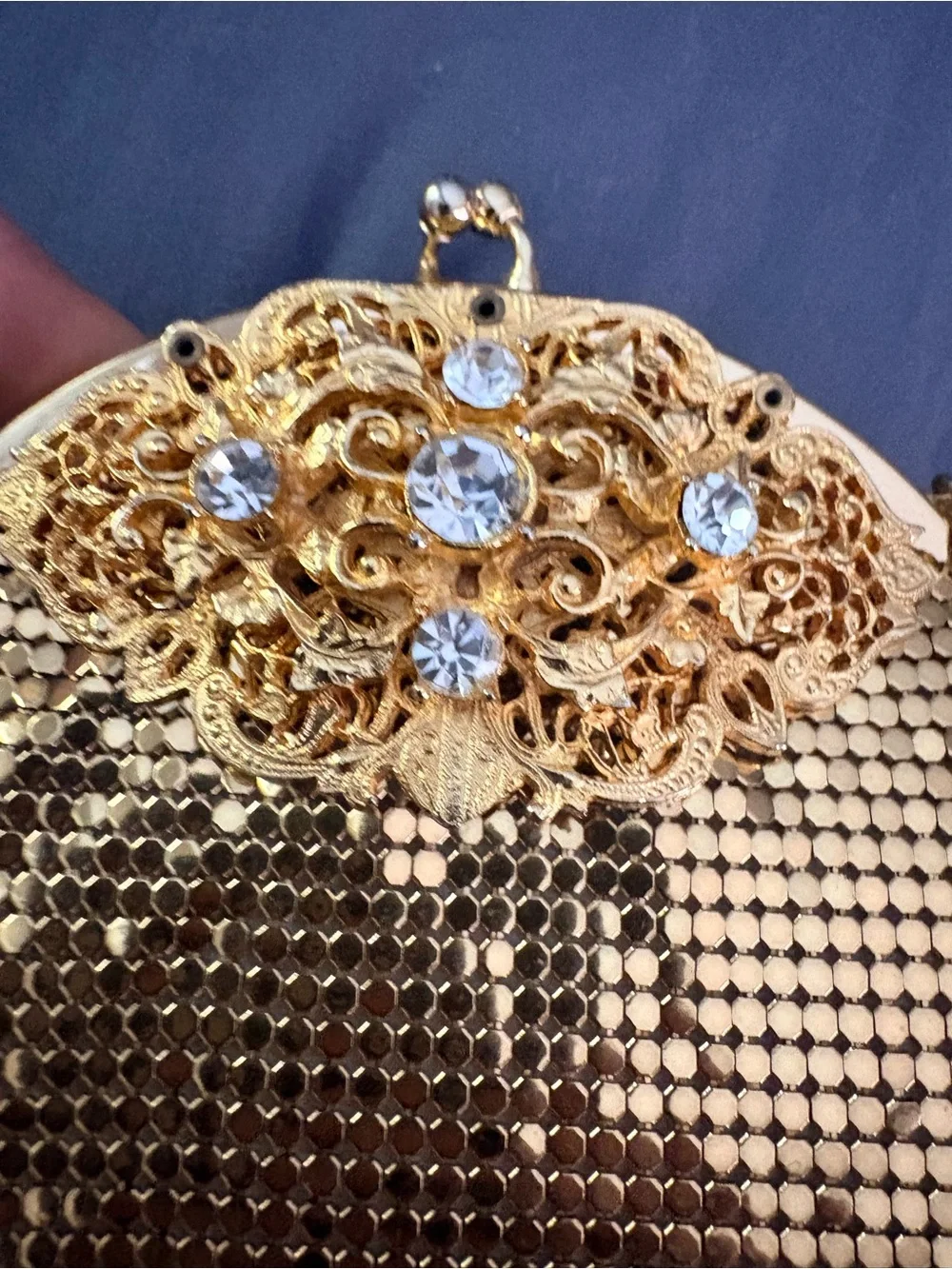VTG 1960s Whiting Davis Gold Mesh Frame Evening Bag Chain & Crystal Design RARE
